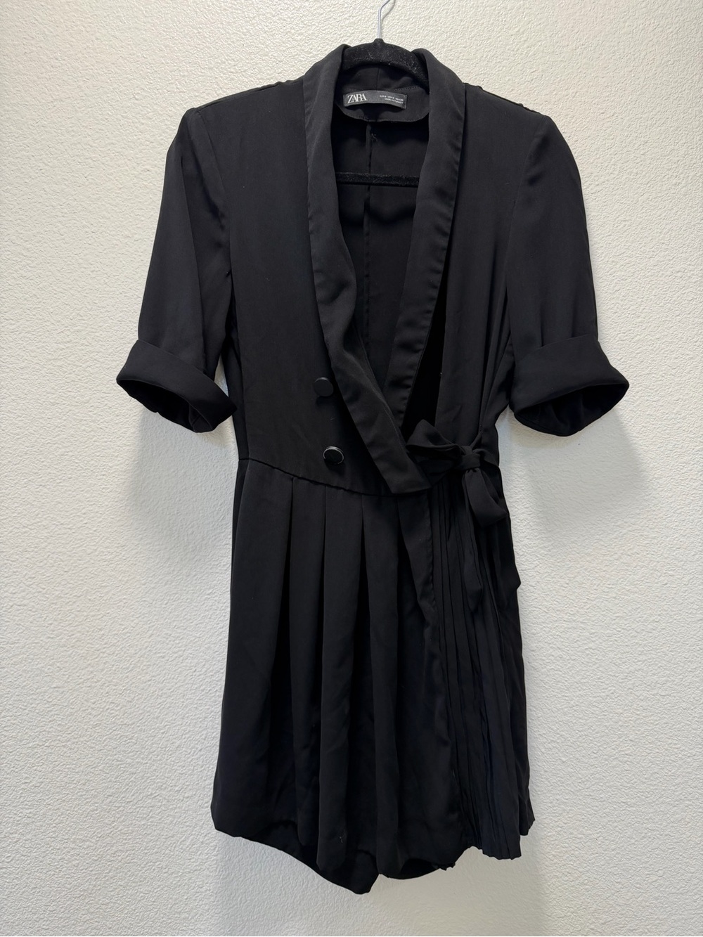 Zara Collared Black Wrap Pleated Short Sleeve Zippered Romper
